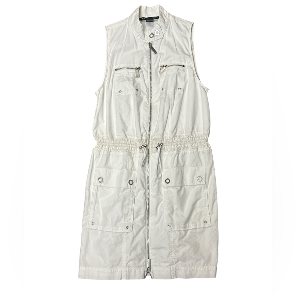 Armani Exchange White Zipper Vest Cargo Dress Cinch Waist Sleeveless Womens PO